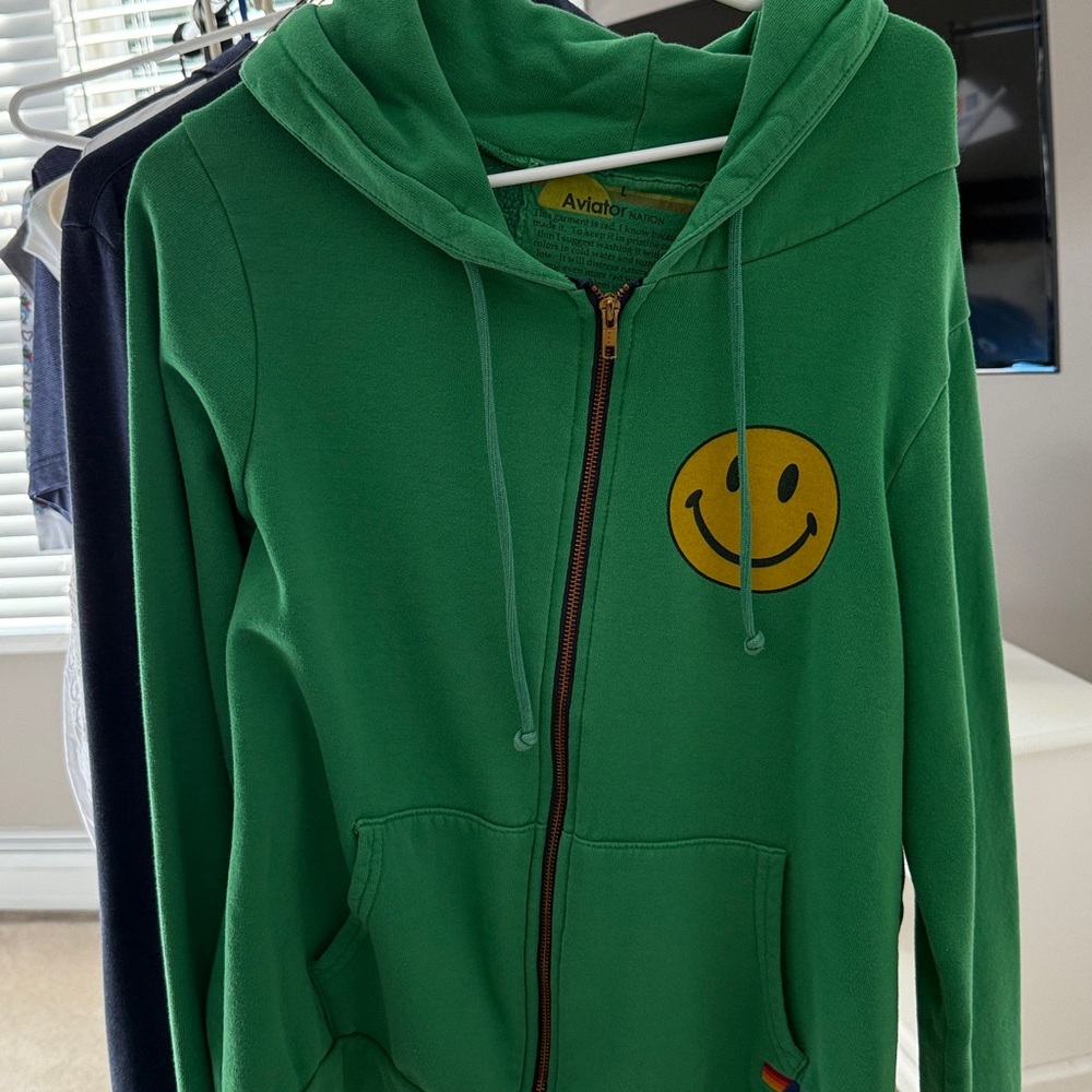 Aviator Nation Green zip up Hoodie with Yellow Smiley face